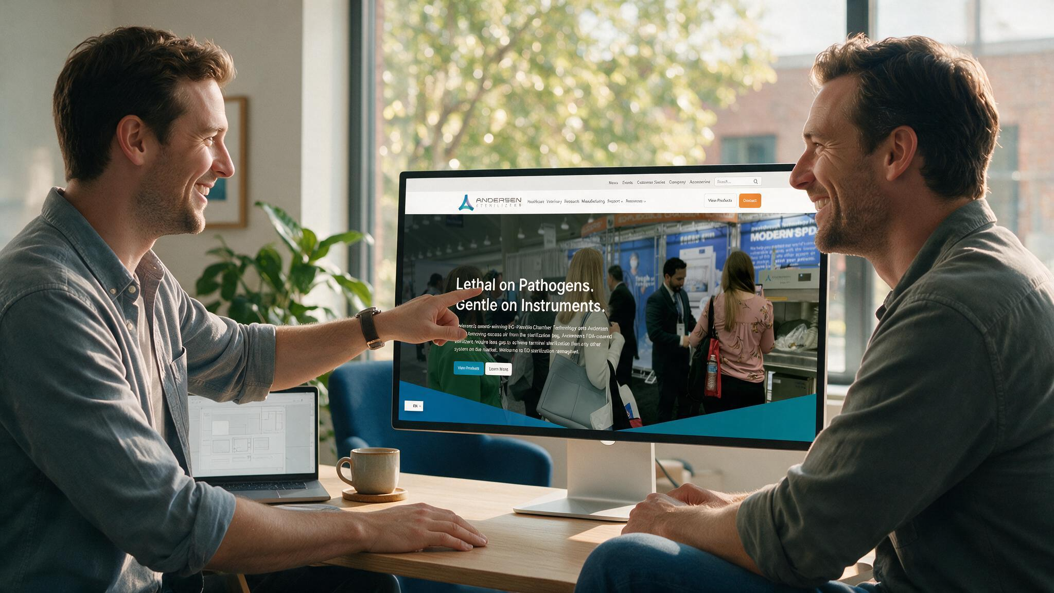 Two people reviewing a client website design together on a desktop monitor