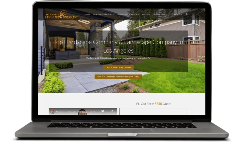 Marketing For Landscapers Los Angeles hardscape company homepage featuring a modern patio design and contact button for quotes.