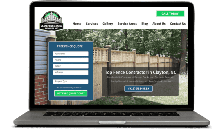 Appealing Fences NC website promoting fence services in Clayton, NC with sign-up form and free quote button