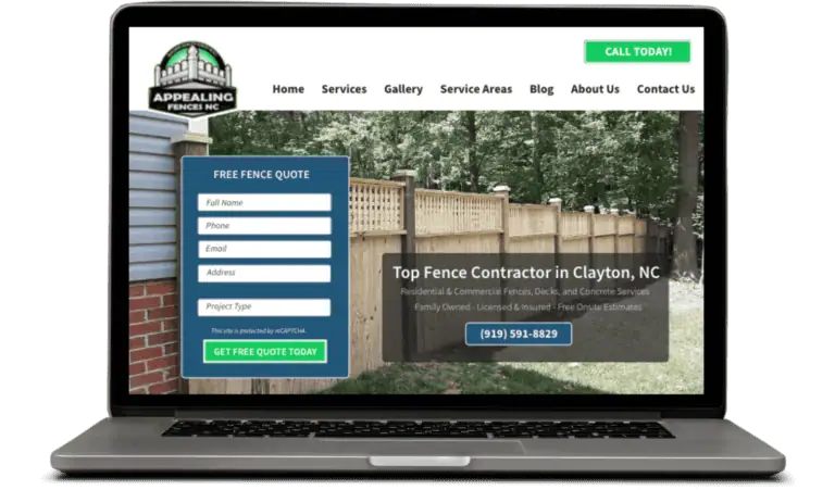 Appealing Fences NC website promoting fence services in Clayton, NC with sign-up form and free quote button