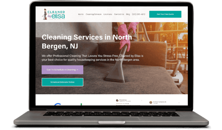Laptop displaying Cleaned by Elisa's professional cleaning service website in North Bergen, NJ, with online booking options and a vase of flowers in the background.