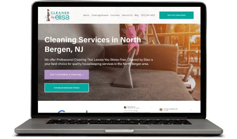 Laptop displaying Cleaned by Elisa's professional cleaning service website in North Bergen, NJ, with online booking options and a vase of flowers in the background.