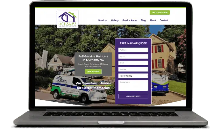 Professional painters' website in Durham, NC showing services, contact form, and branded van.