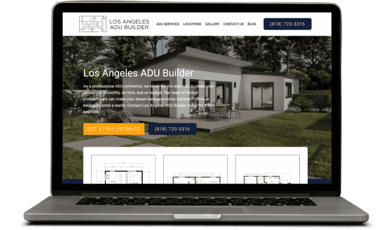 Los Angeles ADU Builder website showcasing modern backyard homes with free estimate button