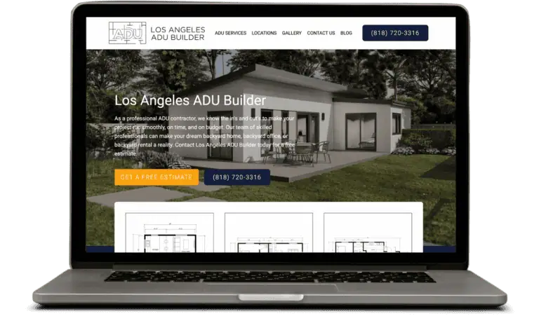Los Angeles ADU Builder website showcasing modern backyard homes with free estimate button