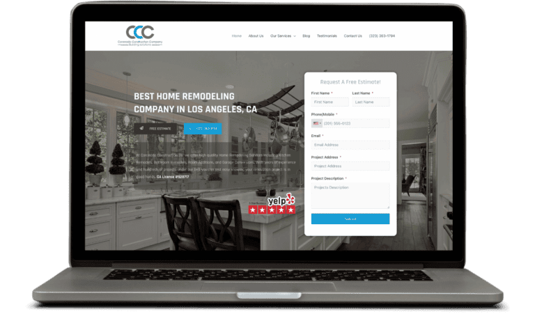 Los Angeles home remodeling company homepage featuring modern kitchen design and free estimate form