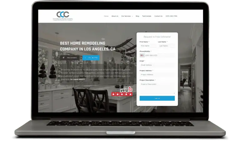 Los Angeles home remodeling company homepage featuring modern kitchen design and free estimate form