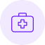 Purple medical kit icon with white cross on light gray circular background