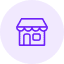 Small purple store icon with striped awning on circular background