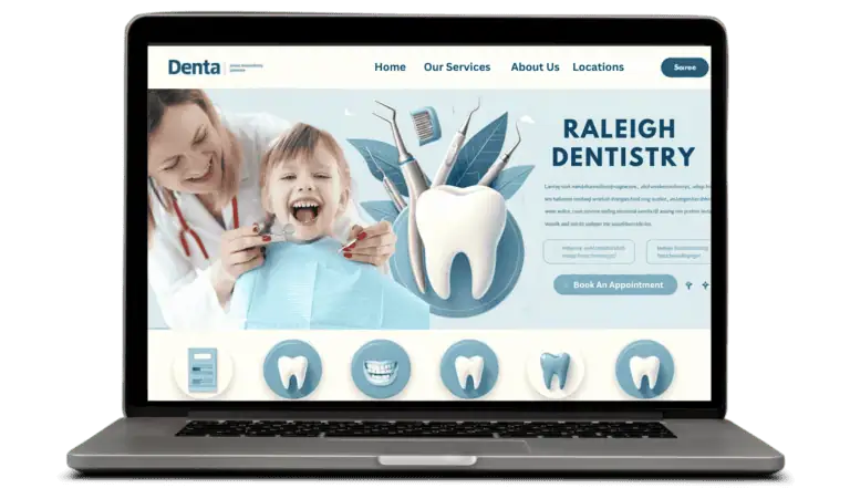 Raleigh Dentistry homepage featuring a smiling dentist, child patient, and dental tools with appointment options