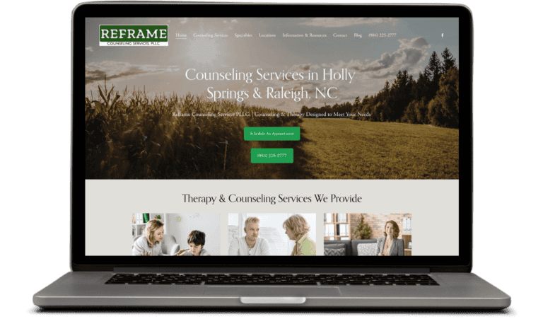 Reframe Counseling Services website on laptop, showing therapy options in Holly Springs and Raleigh, NC with appointment button