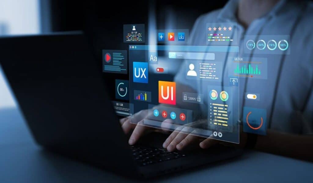 holographic ui ux display icons of ux ui designer